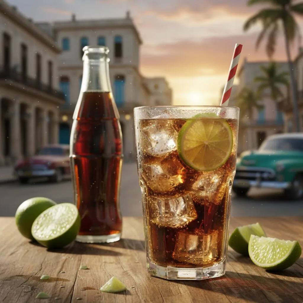 Cuba Libre terminado en vaso alto con hielo y una rodaja de lima