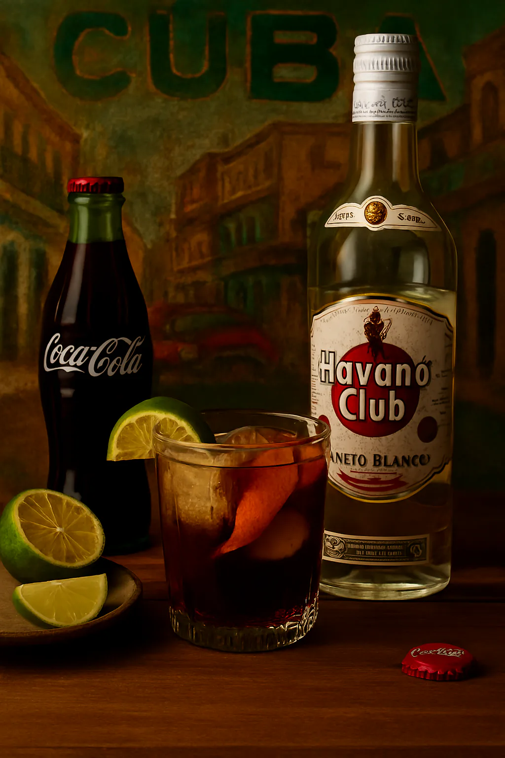 Ron blanco, refresco de cola, lima y hielo para preparar un Cuba Libre