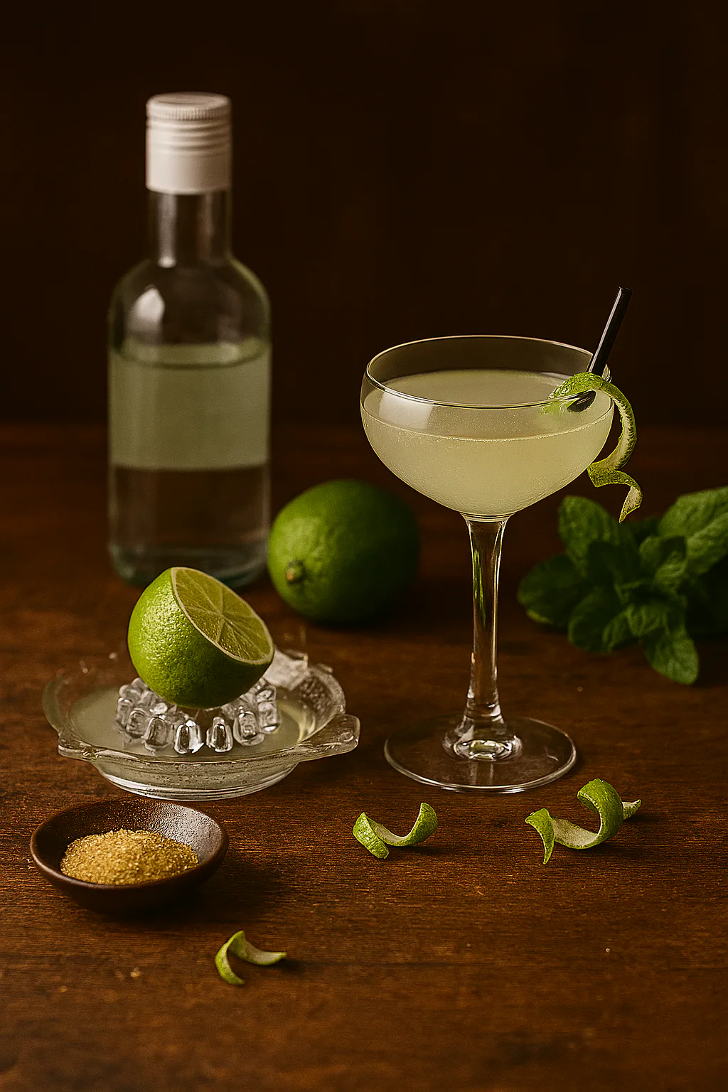 Ron blanco, lima, azúcar y hielo para preparar un Daiquiri clásico