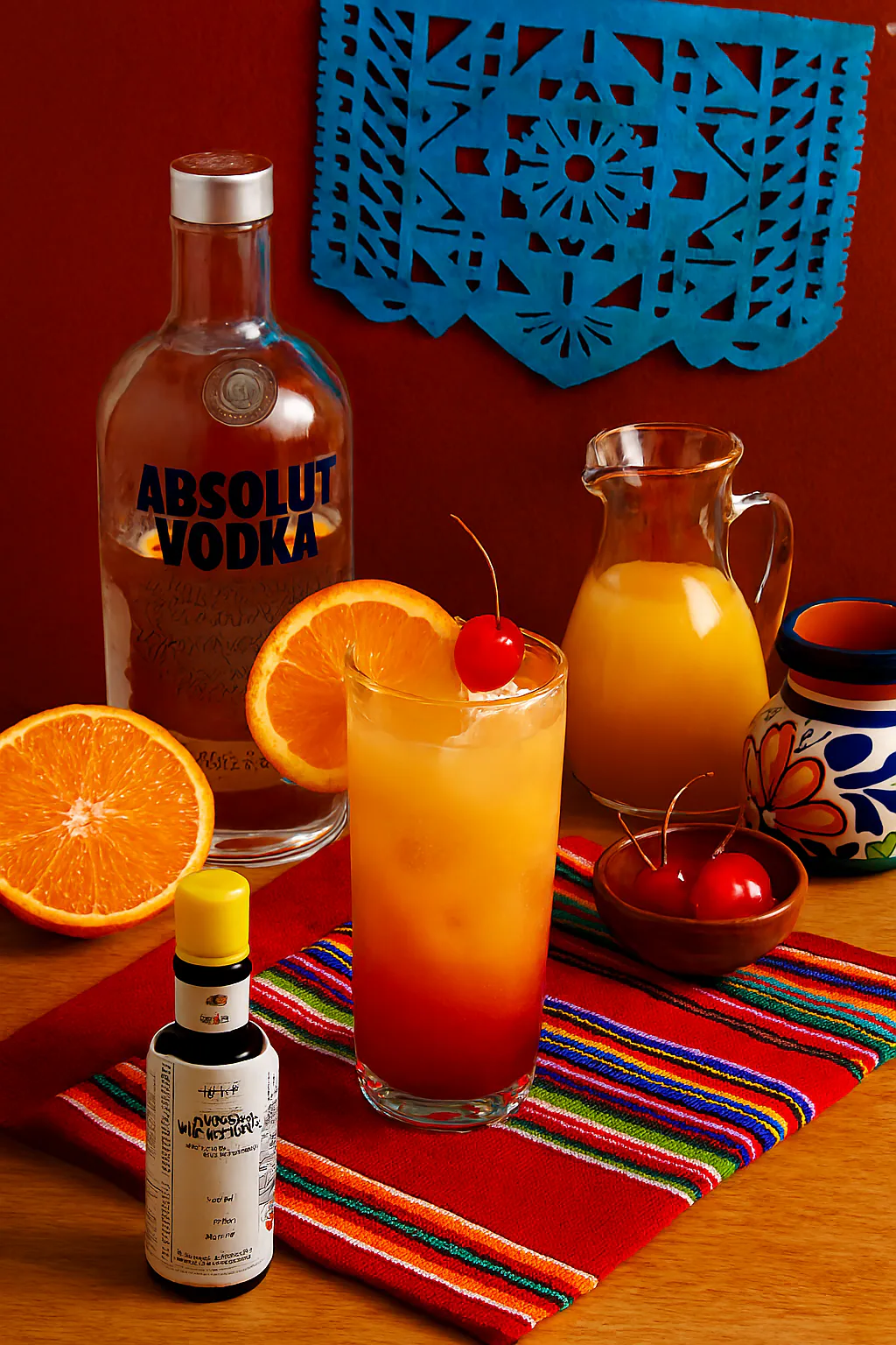 Vodka, naranja fresca, zumo y hielo para un Destornillador