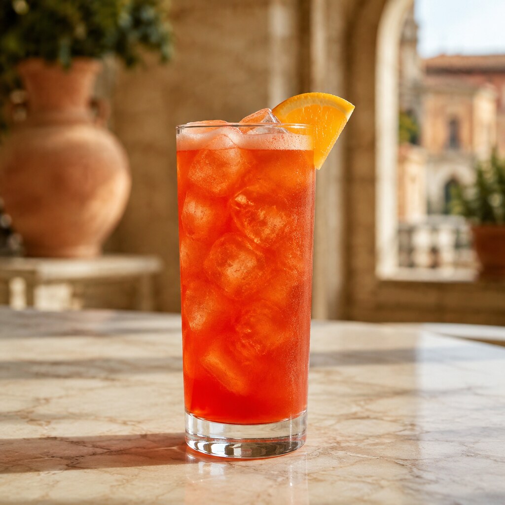 Garibaldi de Campari y naranja fresca en vaso alto con hielo