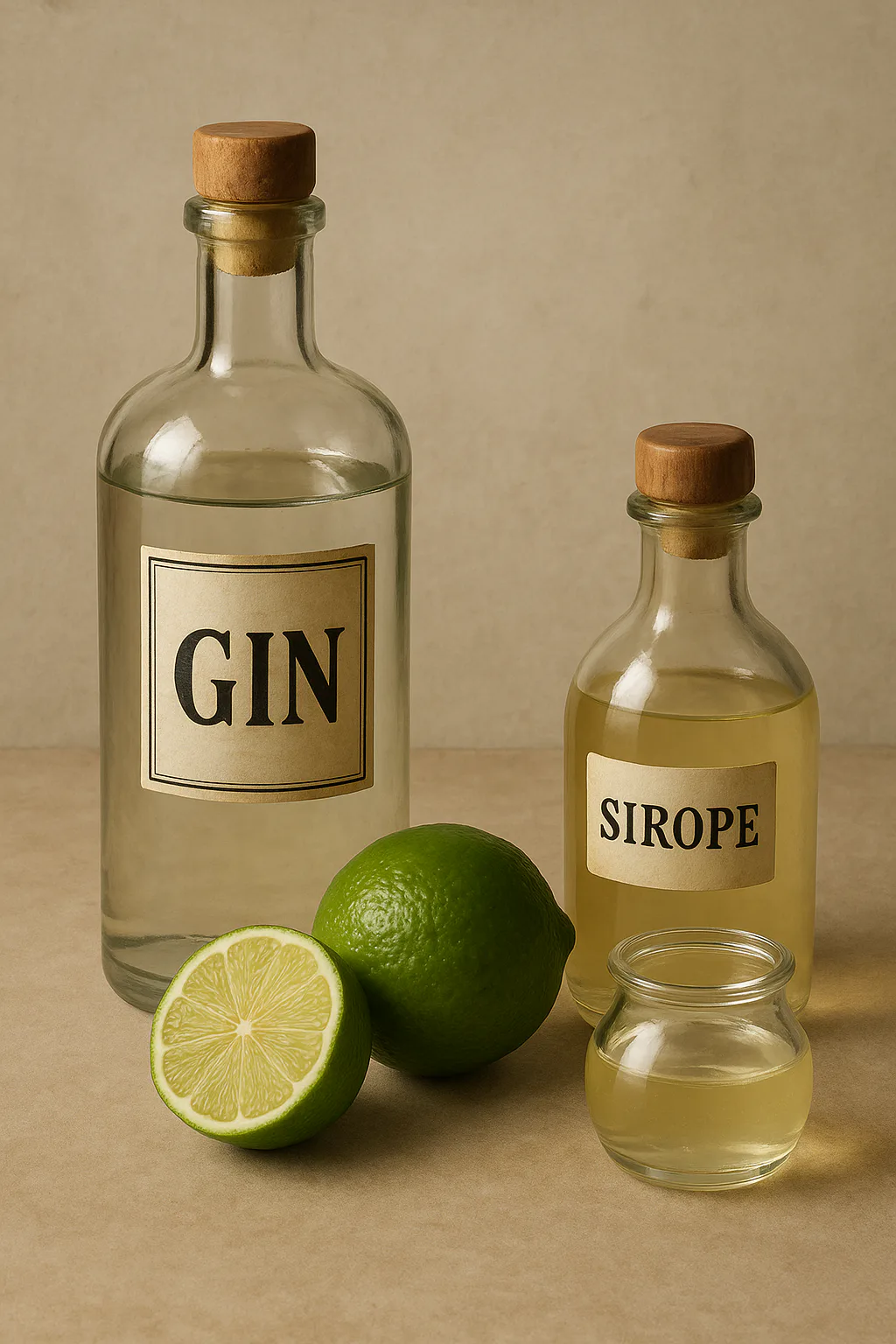 Ginebra, lima fresca y sirope simple para Gimlet