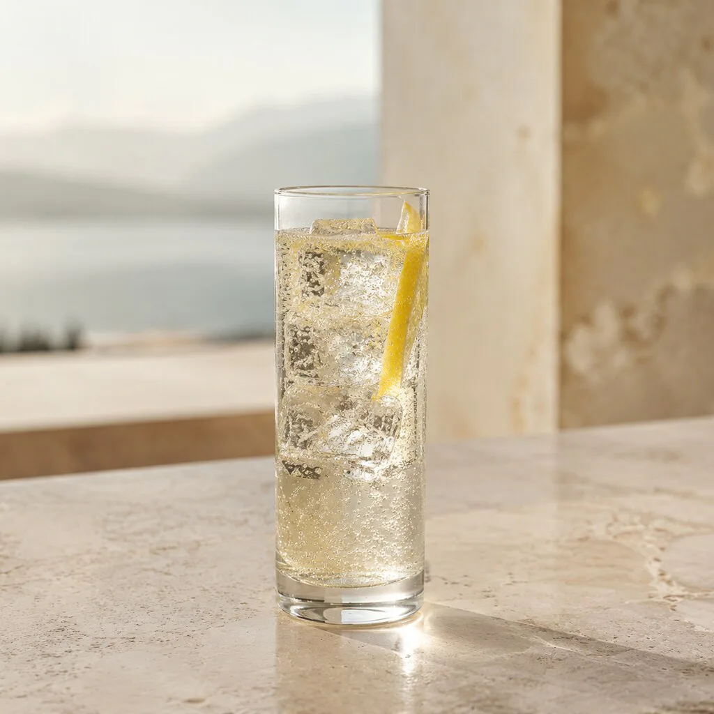 Grappa Tónica terminada con tónica seca, hielo grande y piel de limón