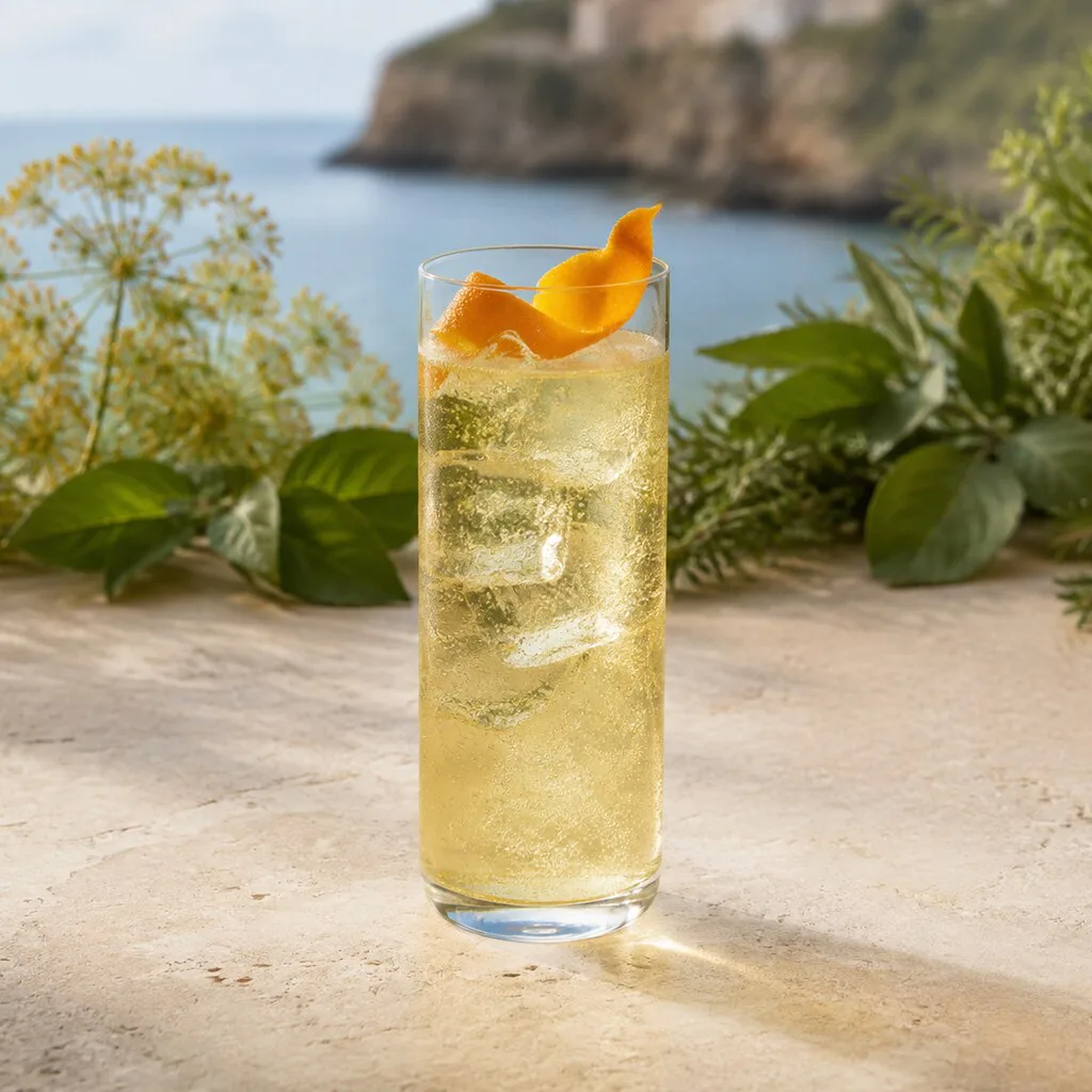 Hierbas de Mallorca mezcladas con soda, hielo firme y piel de naranja