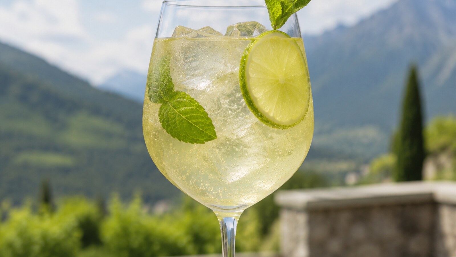 Hugo Spritz pálido con Prosecco, saúco, hielo, menta y lima