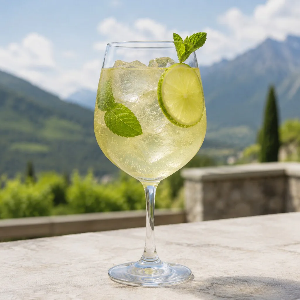 Hugo Spritz terminado con hielo, menta, lima y burbuja