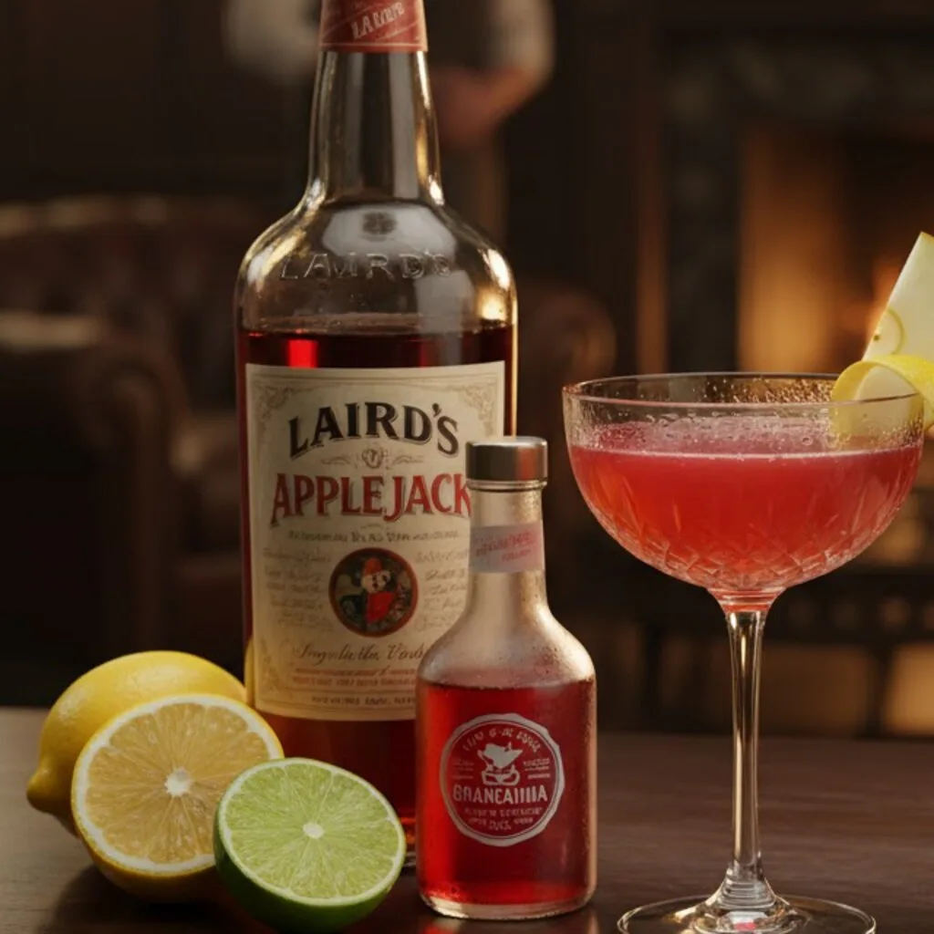 Jack Rose rosado servido sin hielo junto a manzana y limón