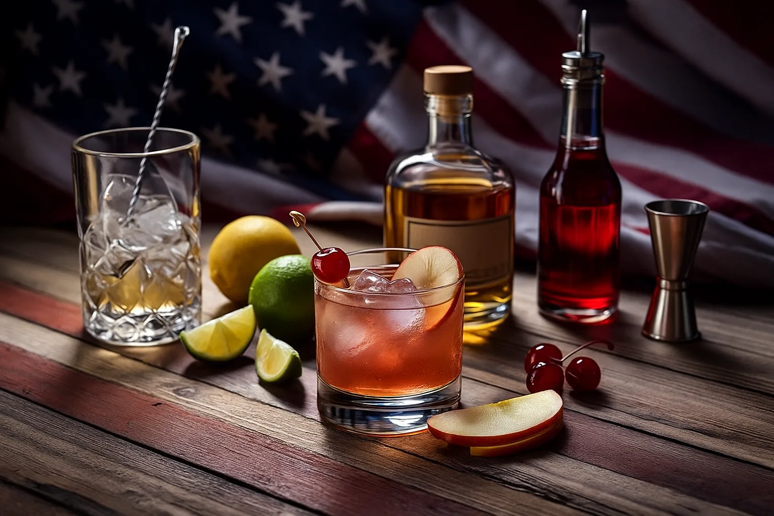 Applejack, limón, granadina y utensilios para preparar un Jack Rose