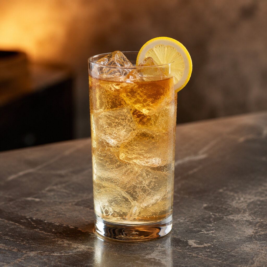 Long Island Iced Tea ámbar con hielo, cola y limón