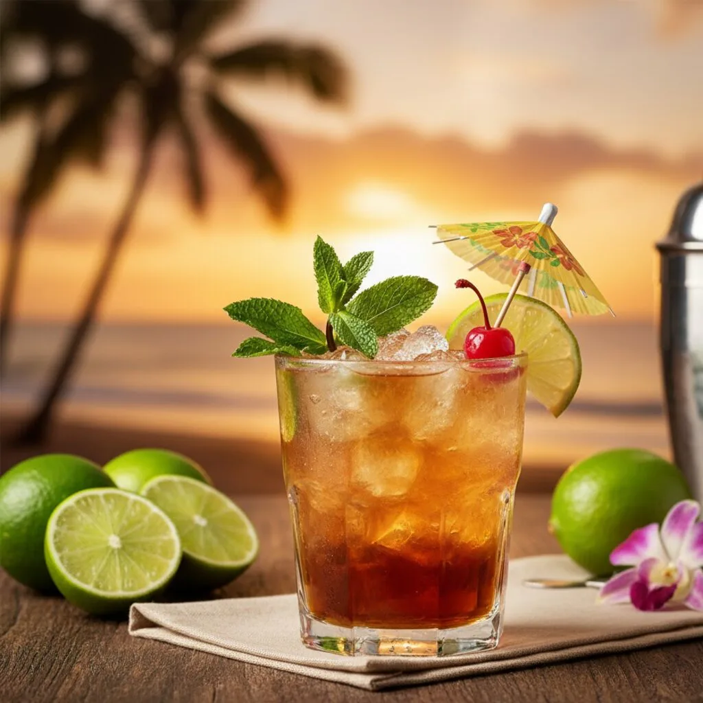Mai Tai terminado con hielo, menta, lima y piña