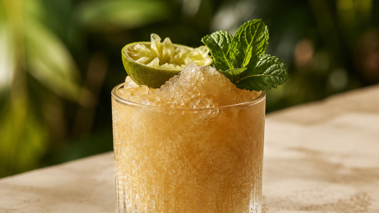 Mai Tai Frozen de color ámbar pálido con textura granizada, lima y menta