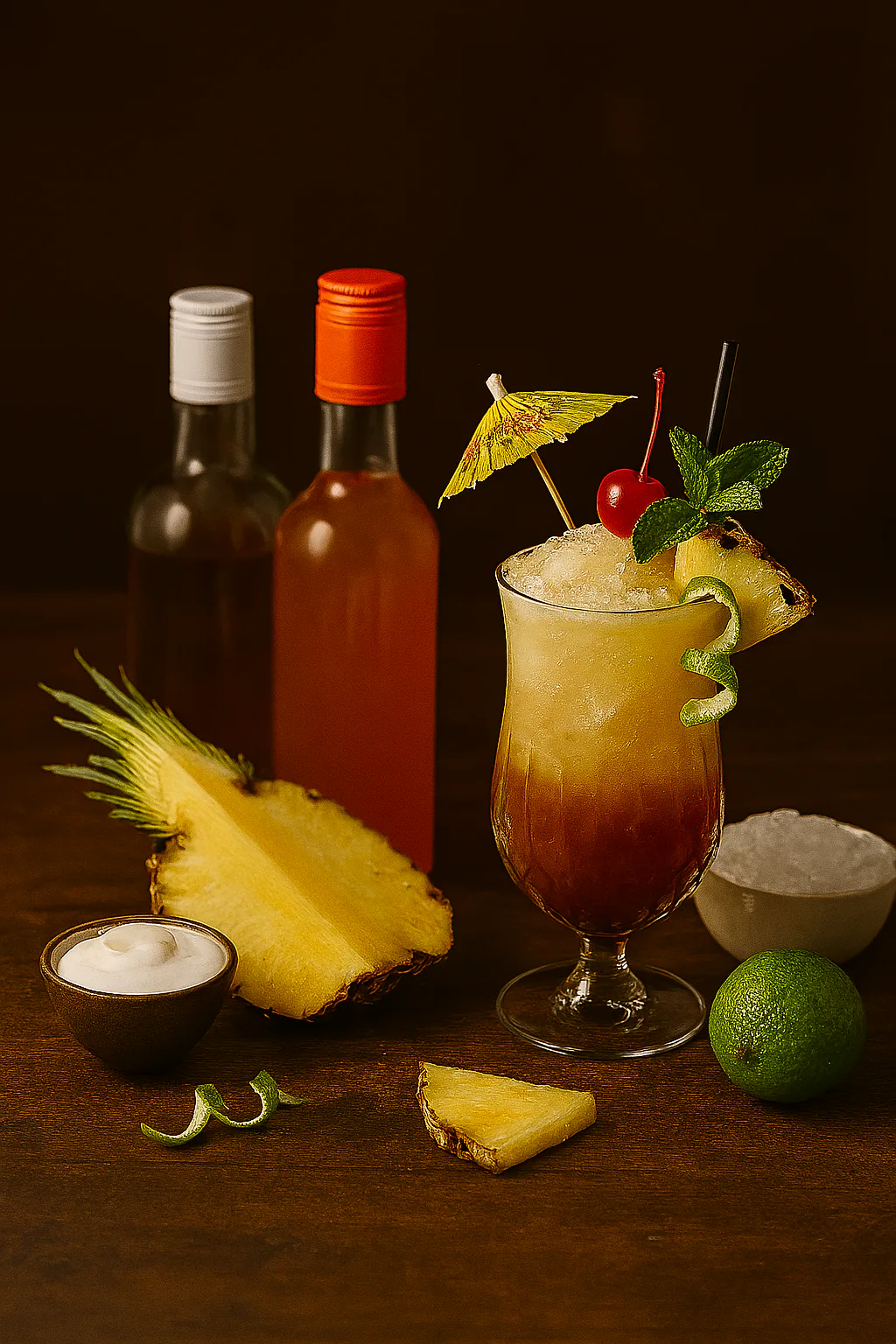 Rones, curaçao de naranja, orgeat, lima y hielo para preparar un Mai Tai