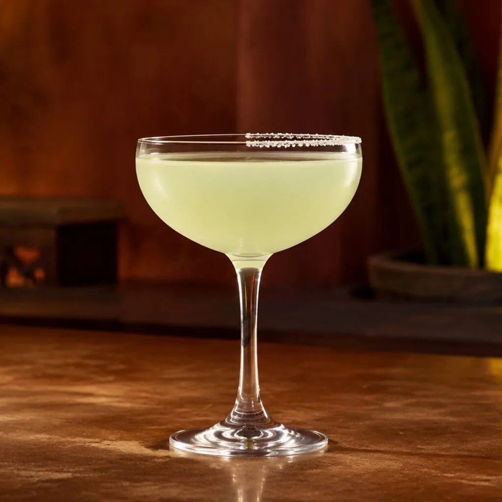Margarita terminada en copa fría con medio borde exterior de sal