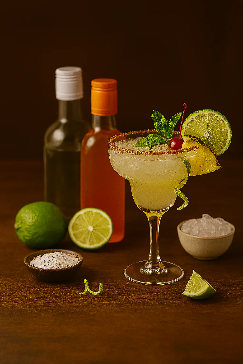 Tequila 100 por cien agave, triple sec, lima, sal y hielo para una Margarita