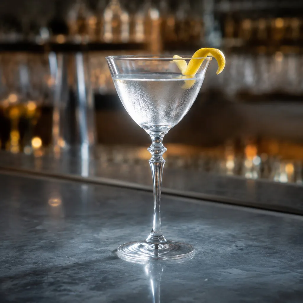 Dry Martini terminado en copa pequeña y fría con piel de limón