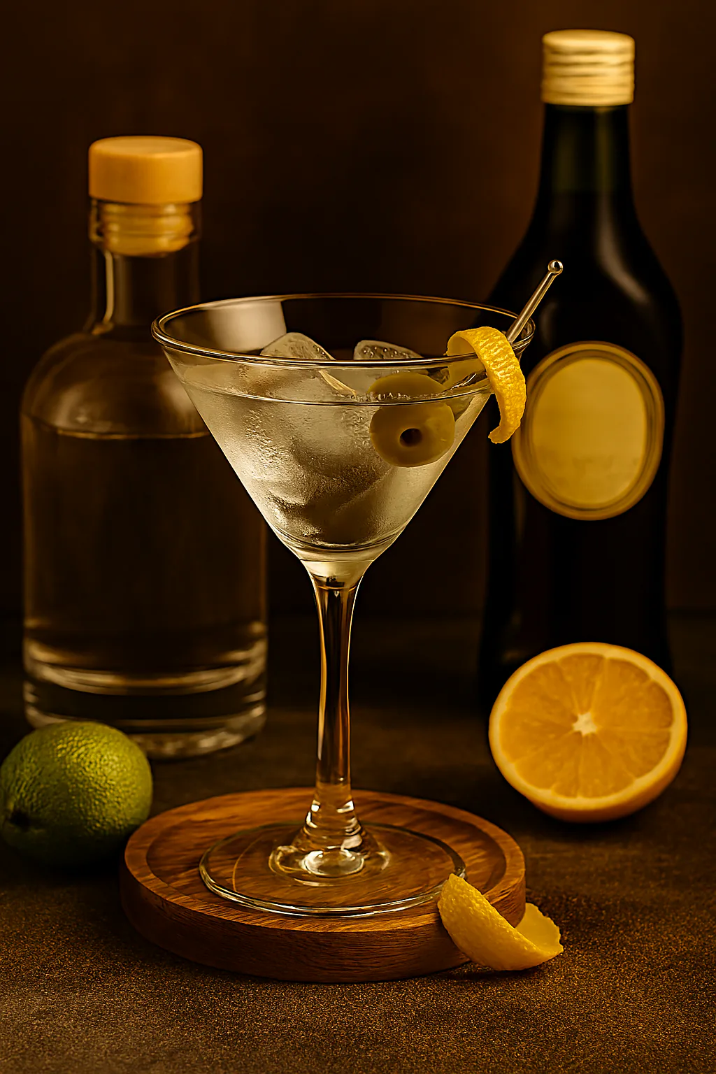 Ginebra seca, vermut seco, hielo, limón y aceituna para preparar un Dry Martini