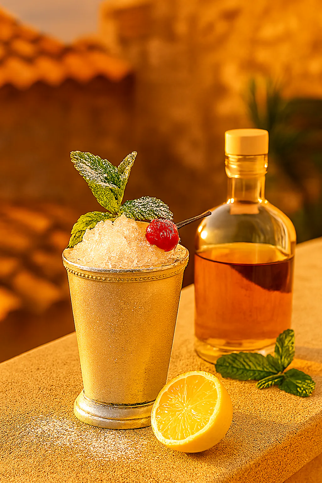 Bourbon, menta, azúcar y hielo para Mint Julep