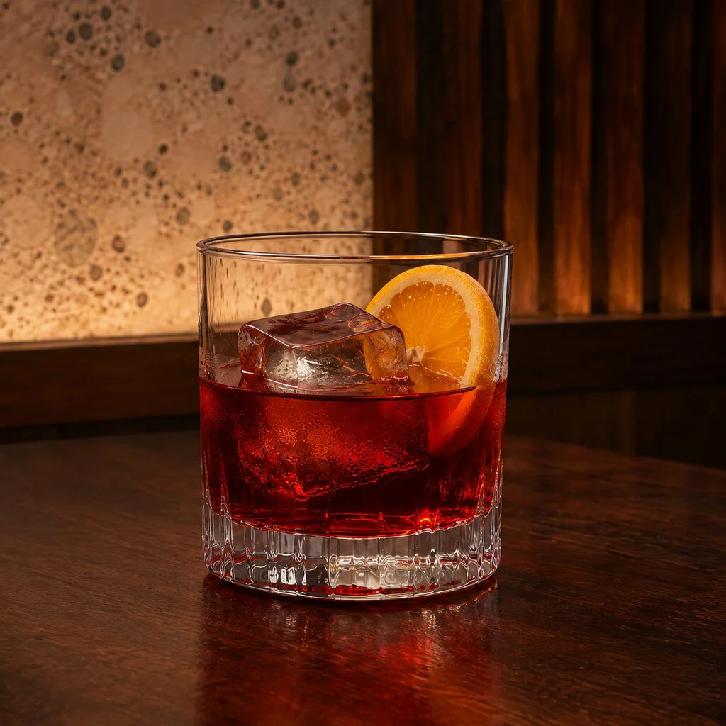 Negroni terminado en vaso bajo con hielo grande y media rodaja de naranja