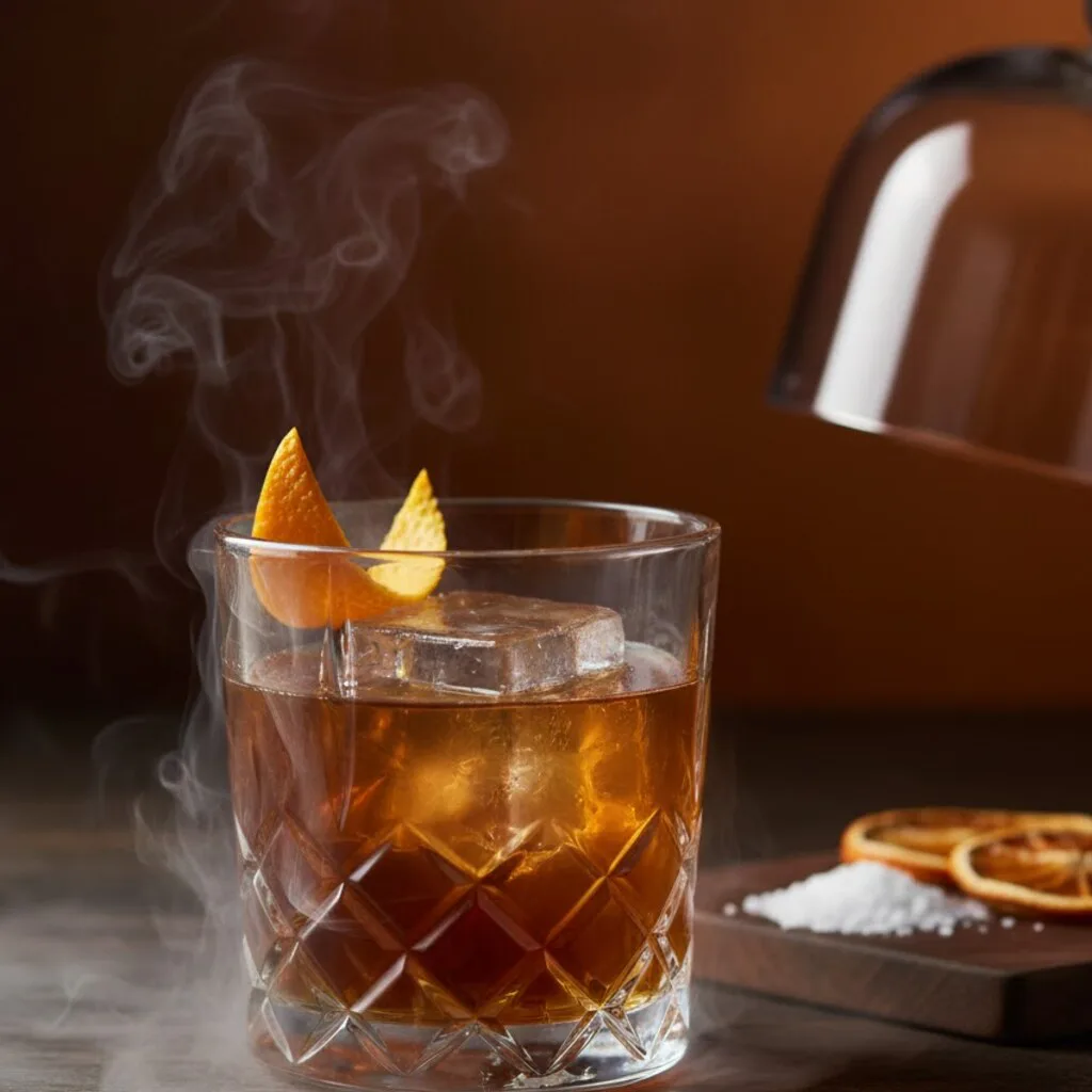 Oaxaca Old Fashioned servido sobre un cubo grande con naranja