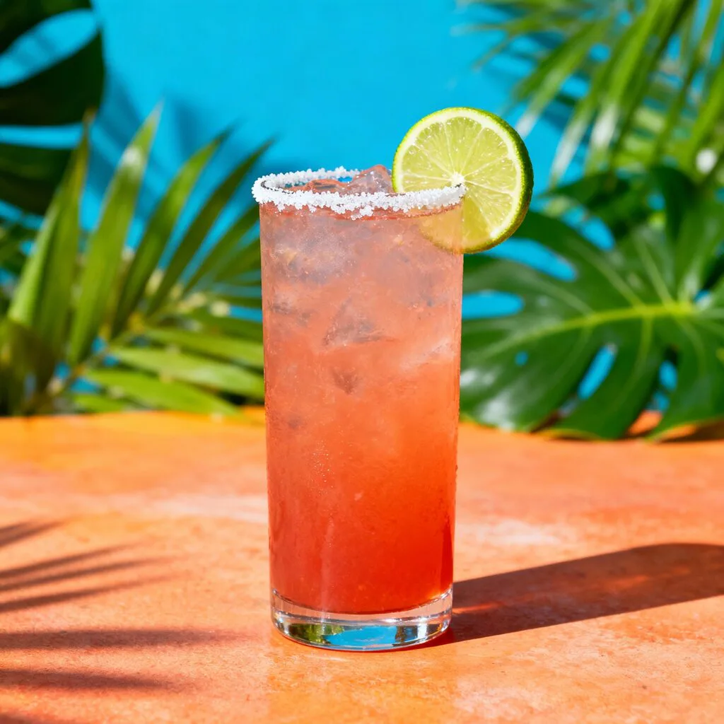 Paloma terminada en vaso alto con hielo, pomelo rosa y lima