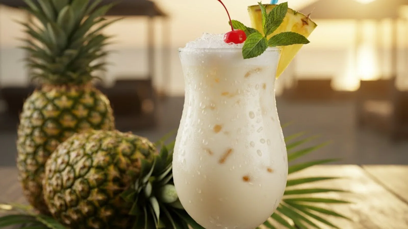 Piña Colada cremosa servida con piña fresca junto a una barra tropical