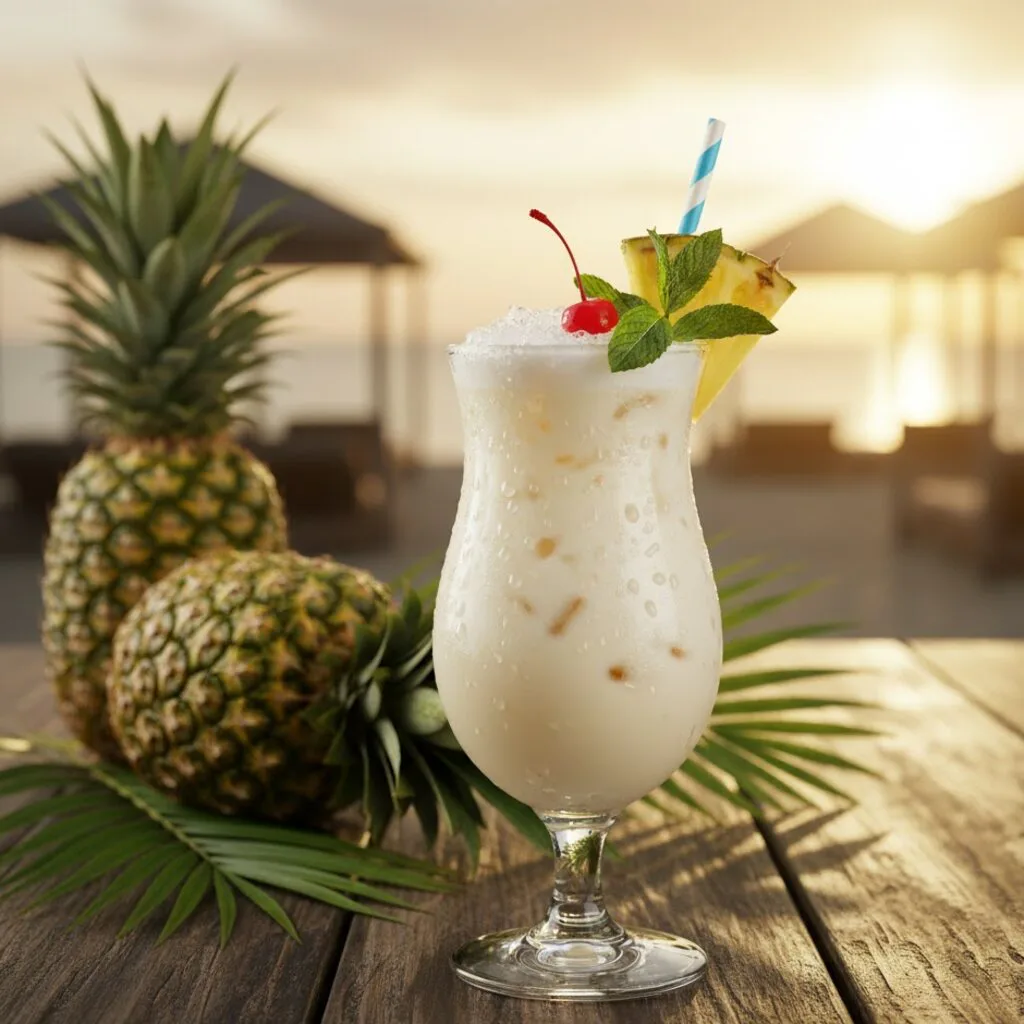 Piña Colada terminada en copa alta con piña y cereza