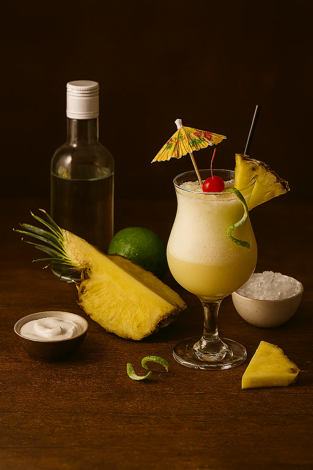 Ron blanco, crema de coco, piña fresca y hielo para preparar una Piña Colada