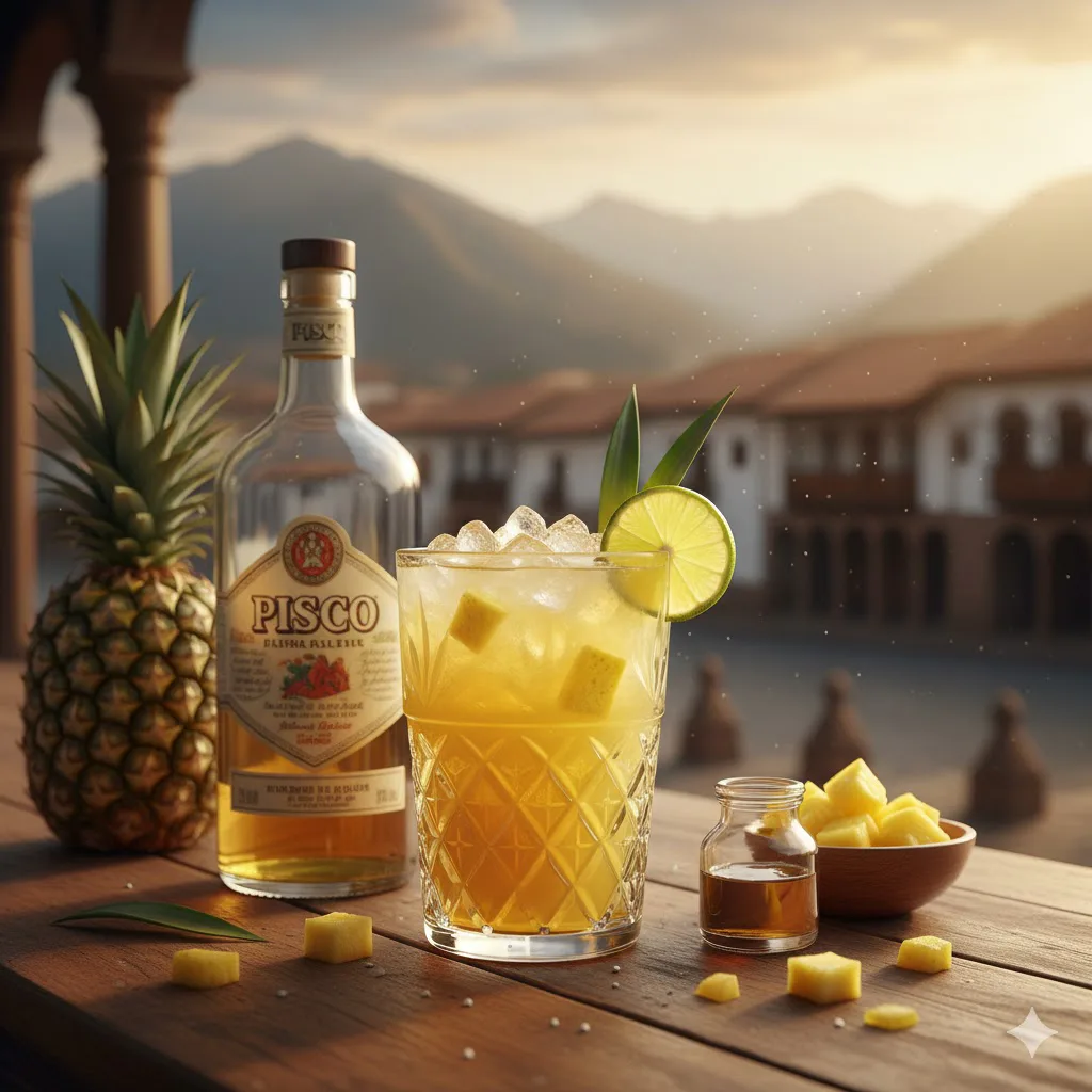Pisco Punch frío con pisco, piña, limón, vino blanco y aroma de clavo
