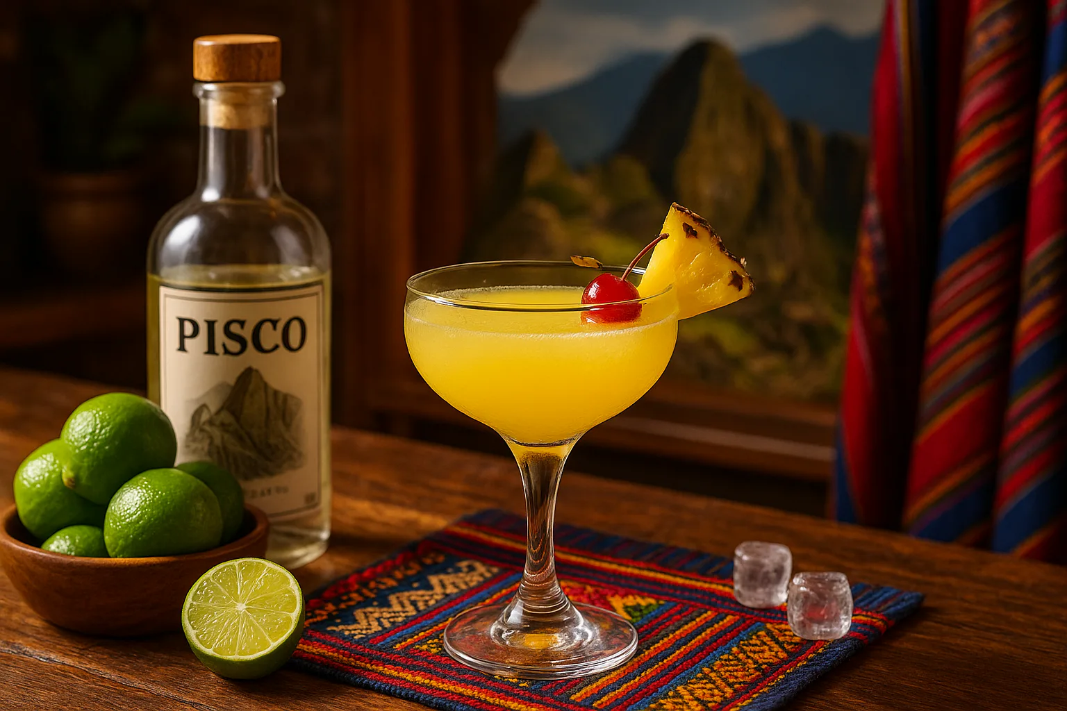 Pisco, piña, limón, sirope, vino blanco seco y clavo para preparar un Pisco Punch