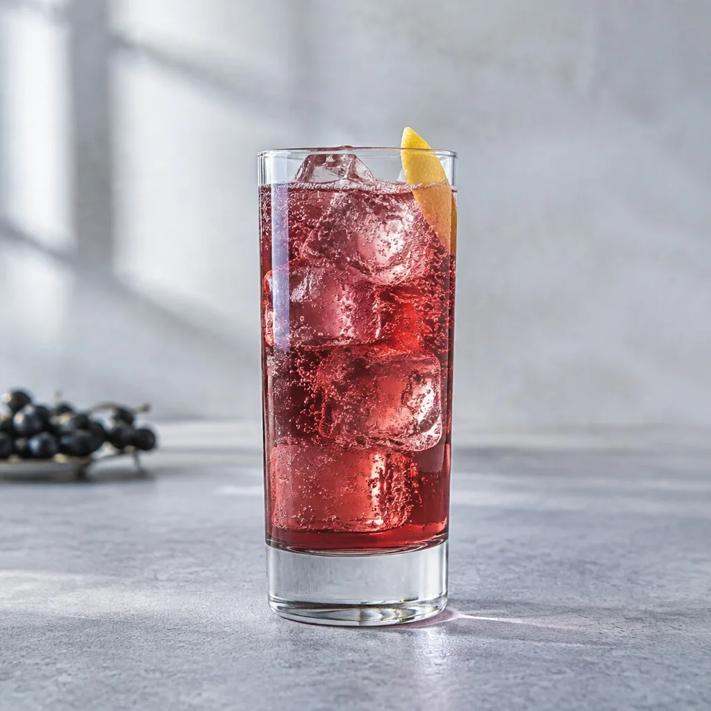 Pompier o Vermouth Cassis rubí en vaso Collins con hielo y piel de limón