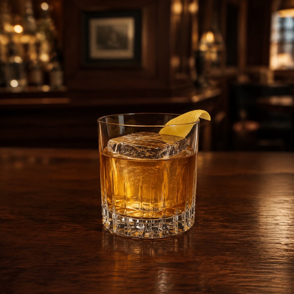 Rusty Nail de Scotch y Drambuie sobre hielo con piel de limón