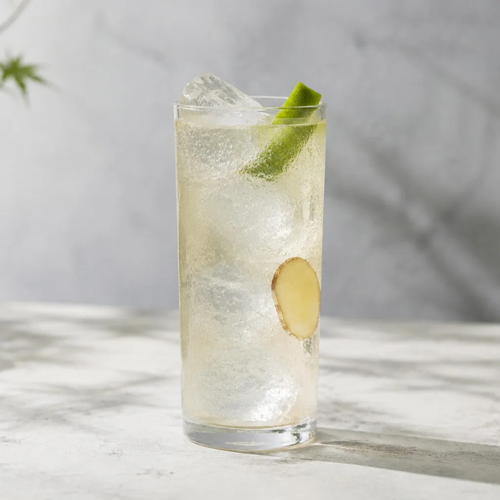 Sake Mule terminado en vaso alto con piel de lima