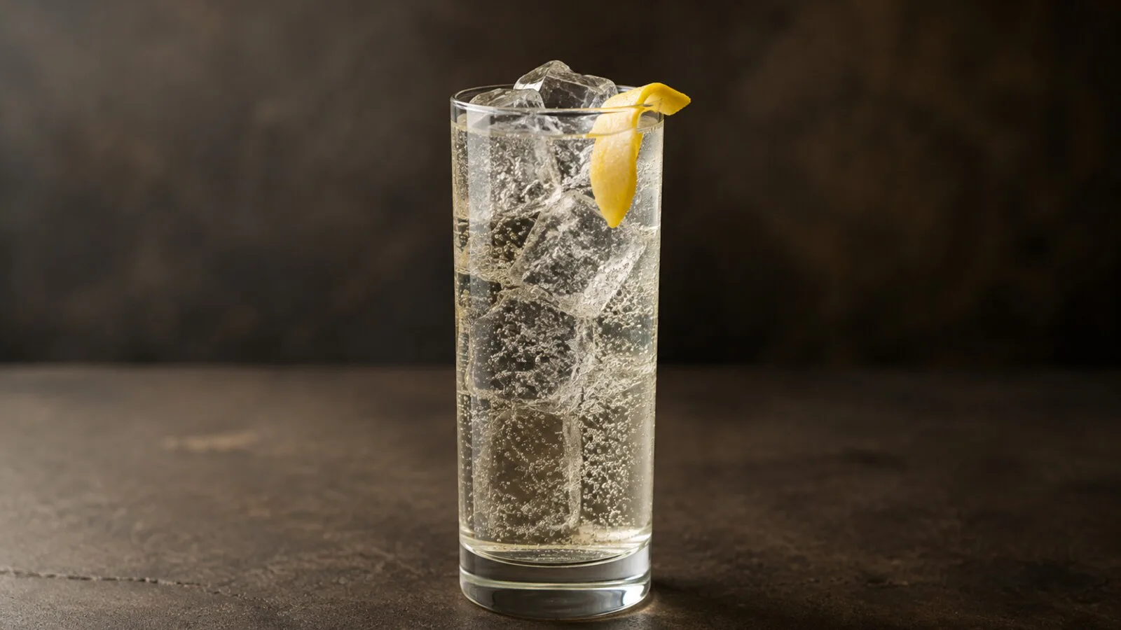 Sake Tonic pálido y transparente con hielo, burbujas y piel de limón