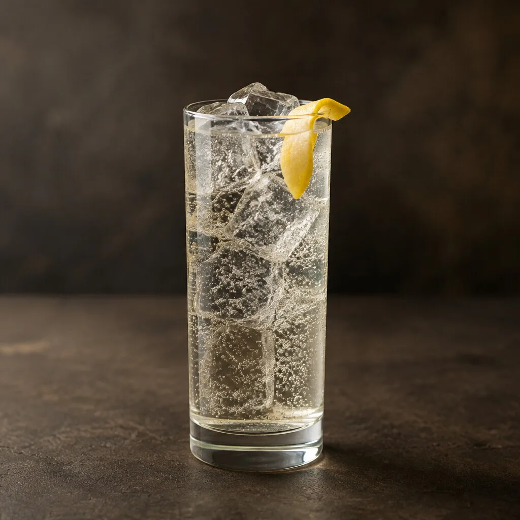 Sake Tonic terminado en vaso alto con hielo y piel de limón