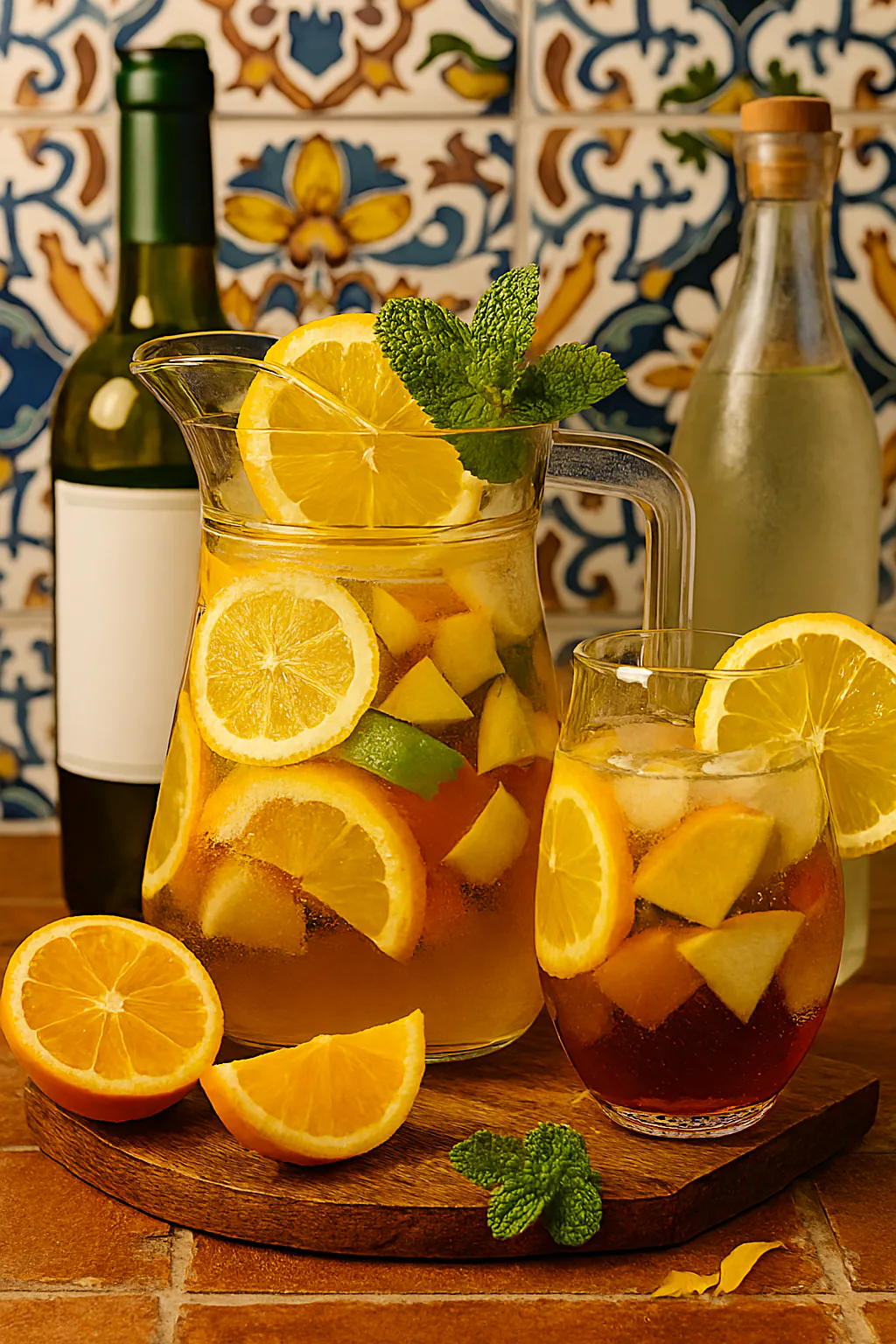 Vino blanco, melocotón, manzana, naranja, limón y soda para sangría