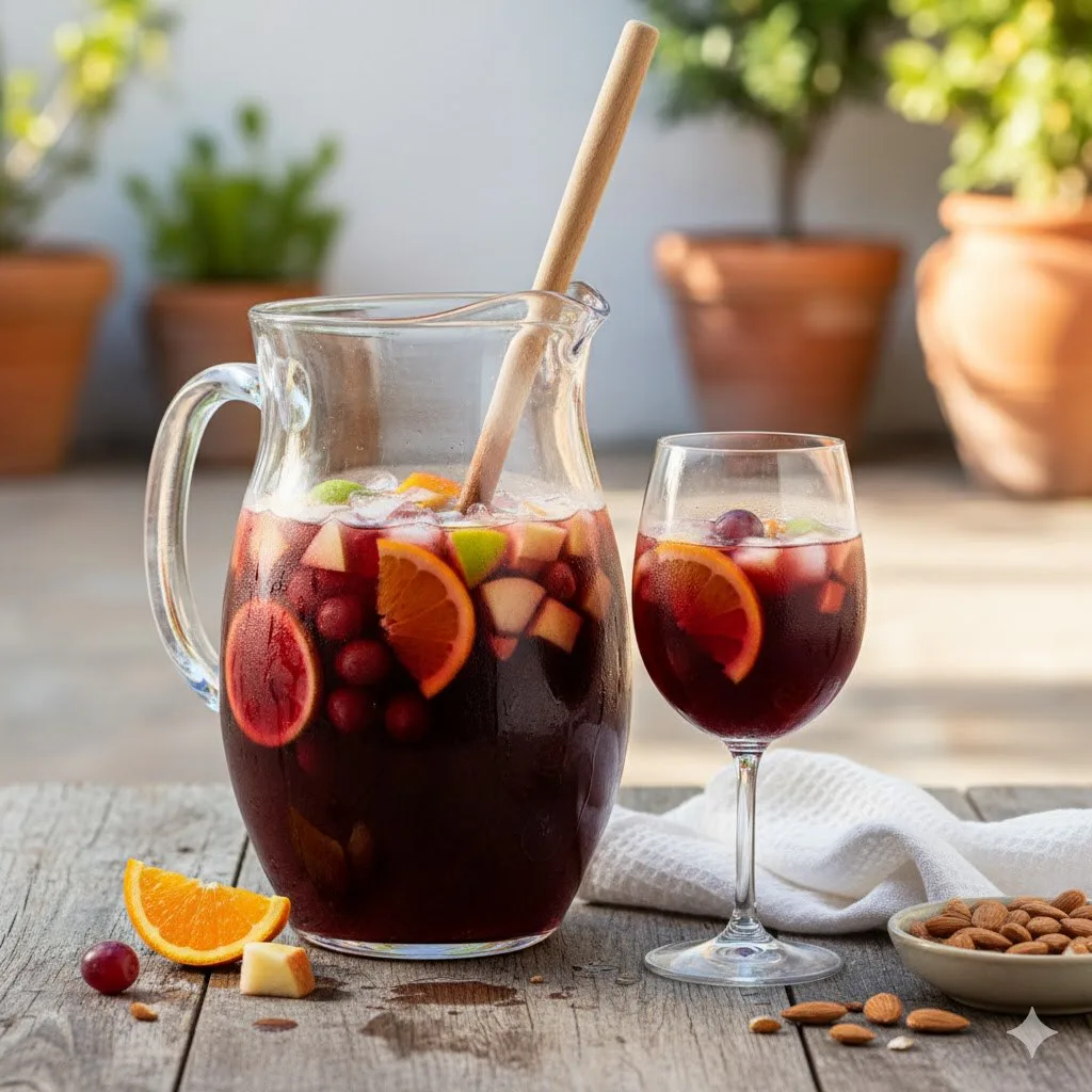 Jarra y vaso de sangría fría con naranja, manzana y melocotón