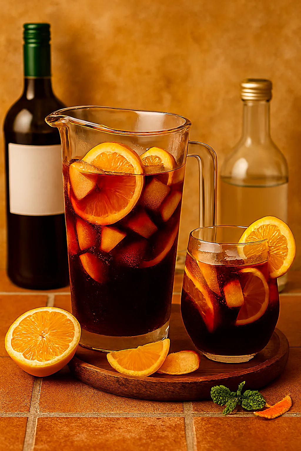 Vino tinto, naranja, fruta, soda y hielo para preparar sangría