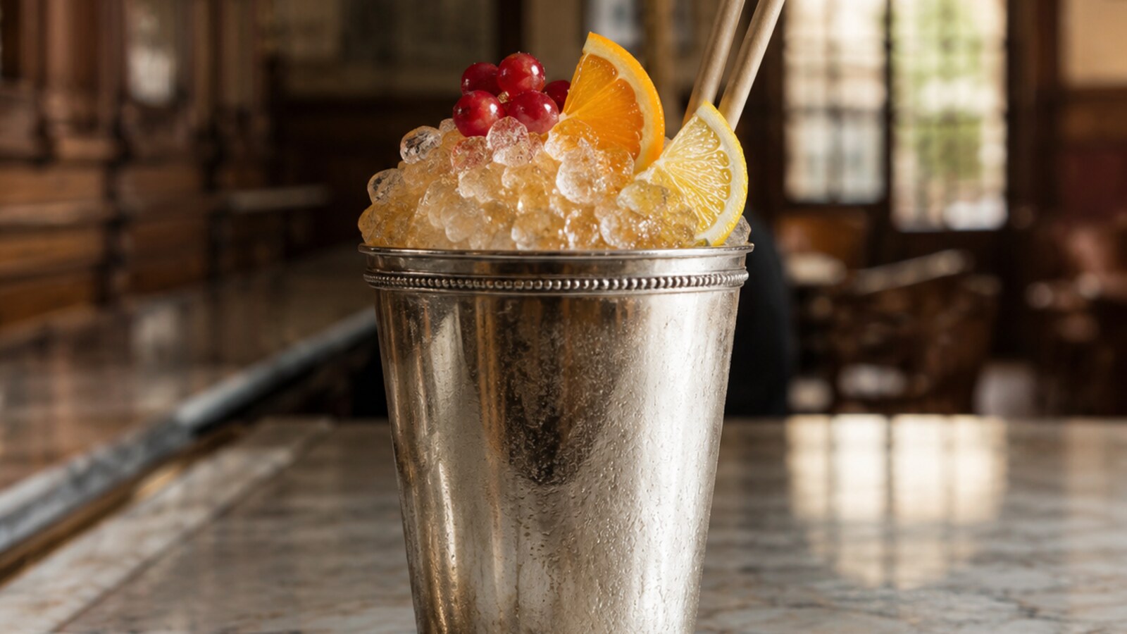 Sherry Cobbler con Jerez, hielo picado, frutos rojos y cítricos