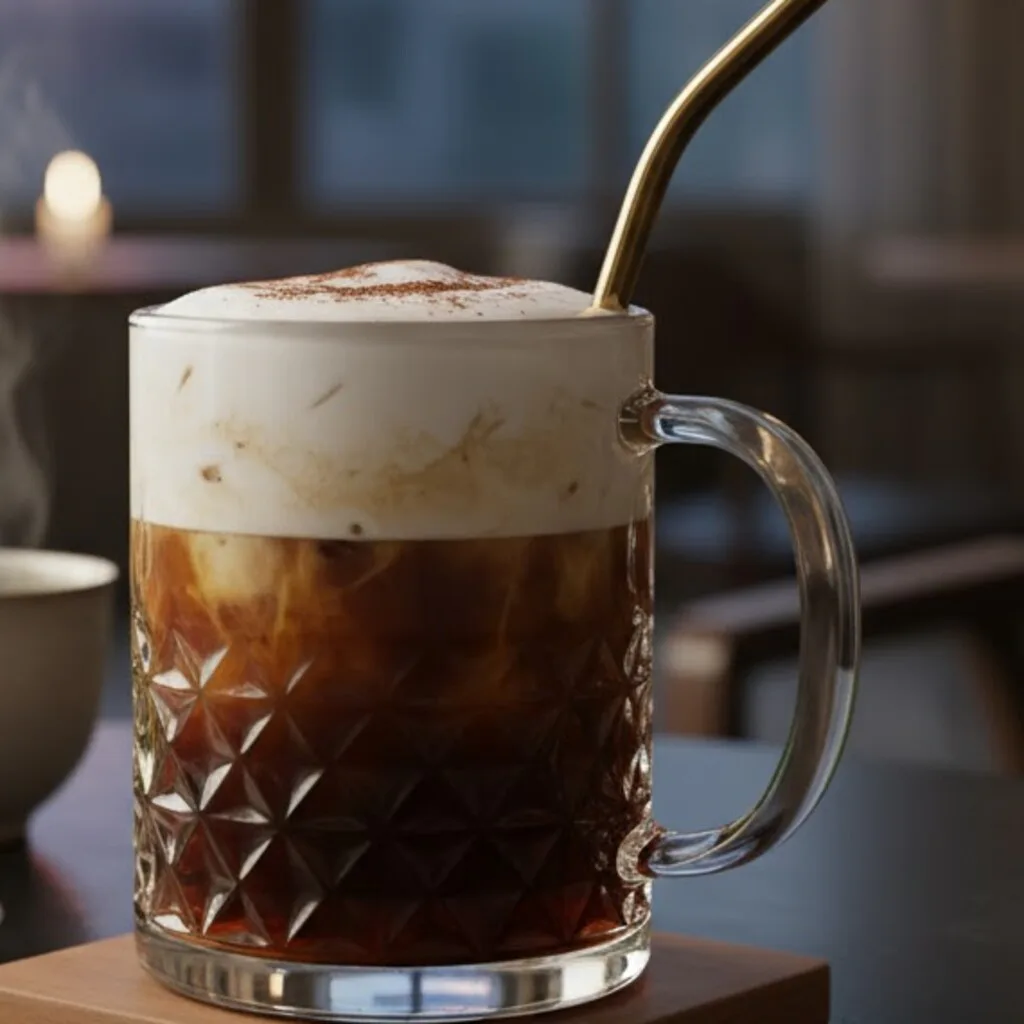 Soju Coffee terminado en vaso bajo sobre un cubo grande