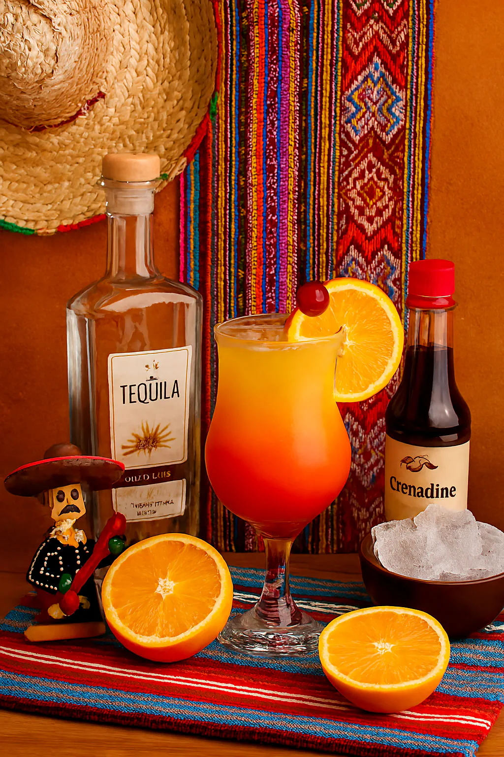 Tequila, naranjas, granadina y hielo para preparar un Tequila Sunrise
