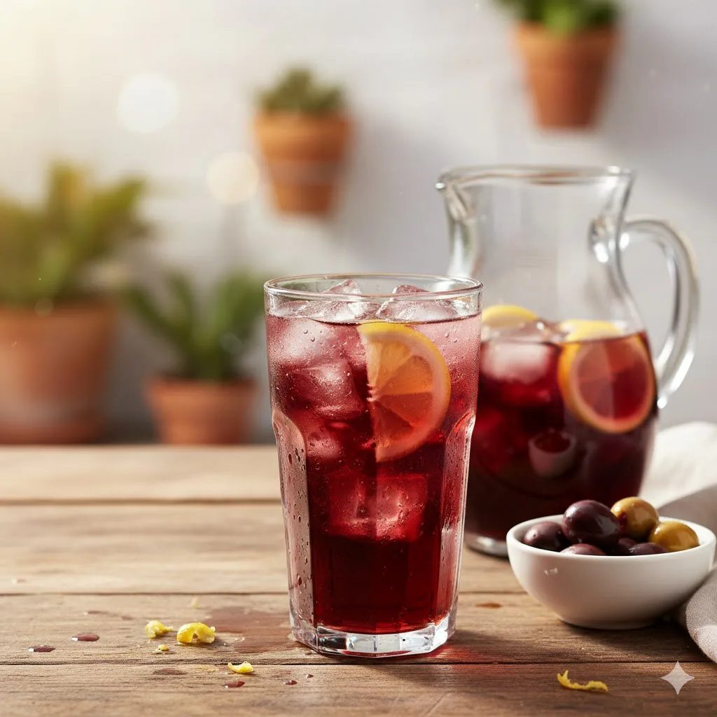 Vaso frío de tinto de verano con hielo y una rodaja de limón