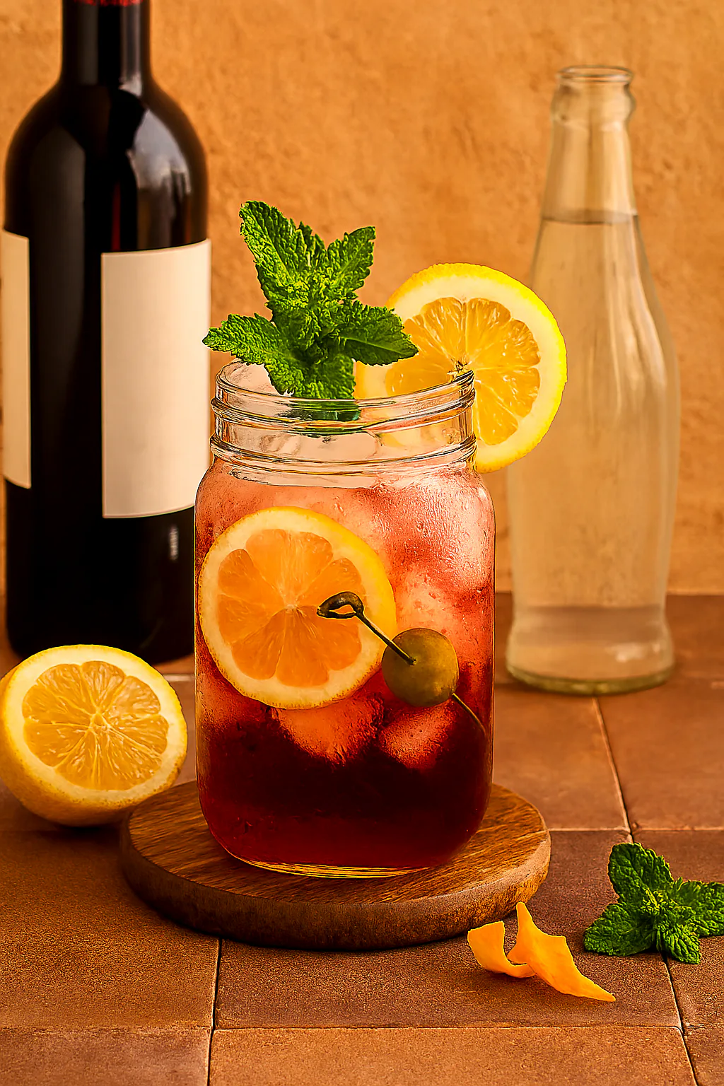 Vino tinto joven, gaseosa, limón y hielo para un tinto de verano