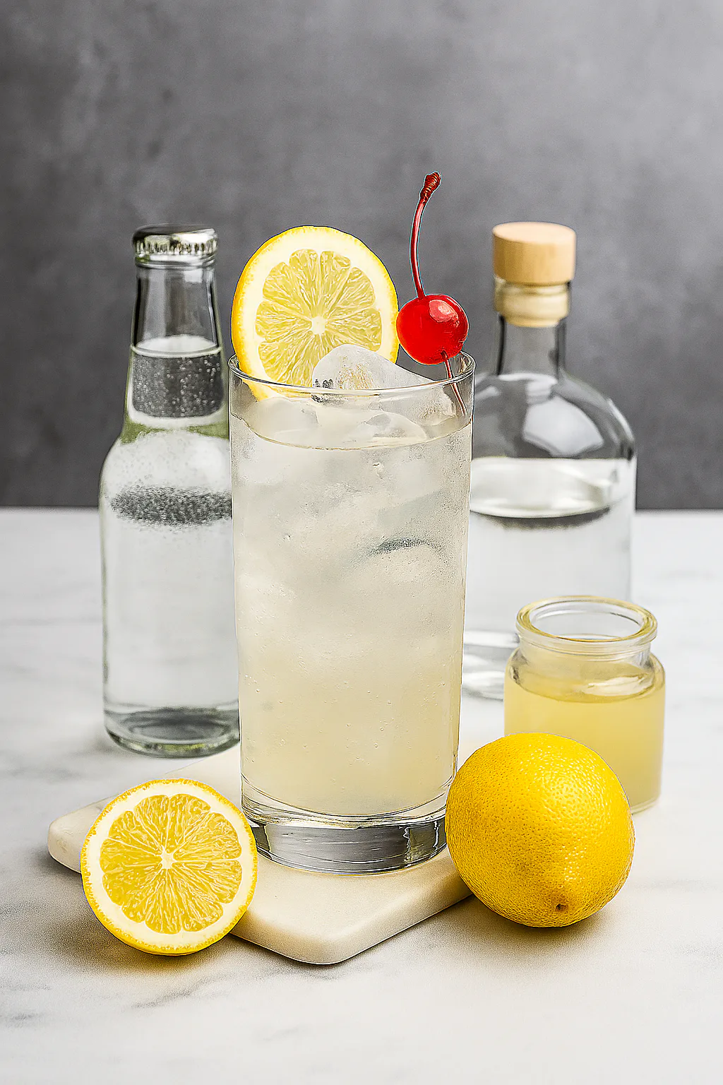 Ginebra, limón, sirope, soda e hielo para Tom Collins