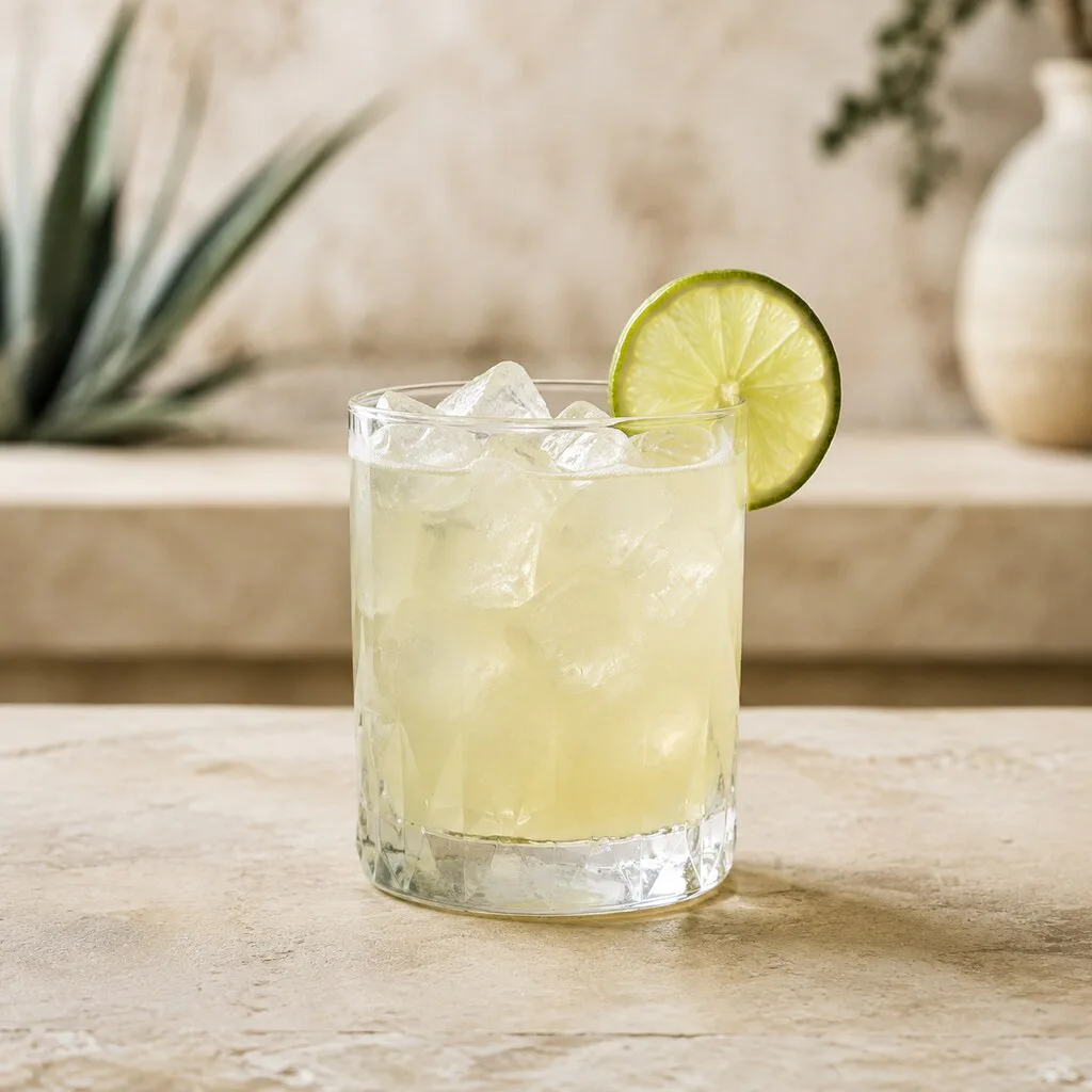 Tommy’s Margarita terminada sobre hielo con una rodaja de lima