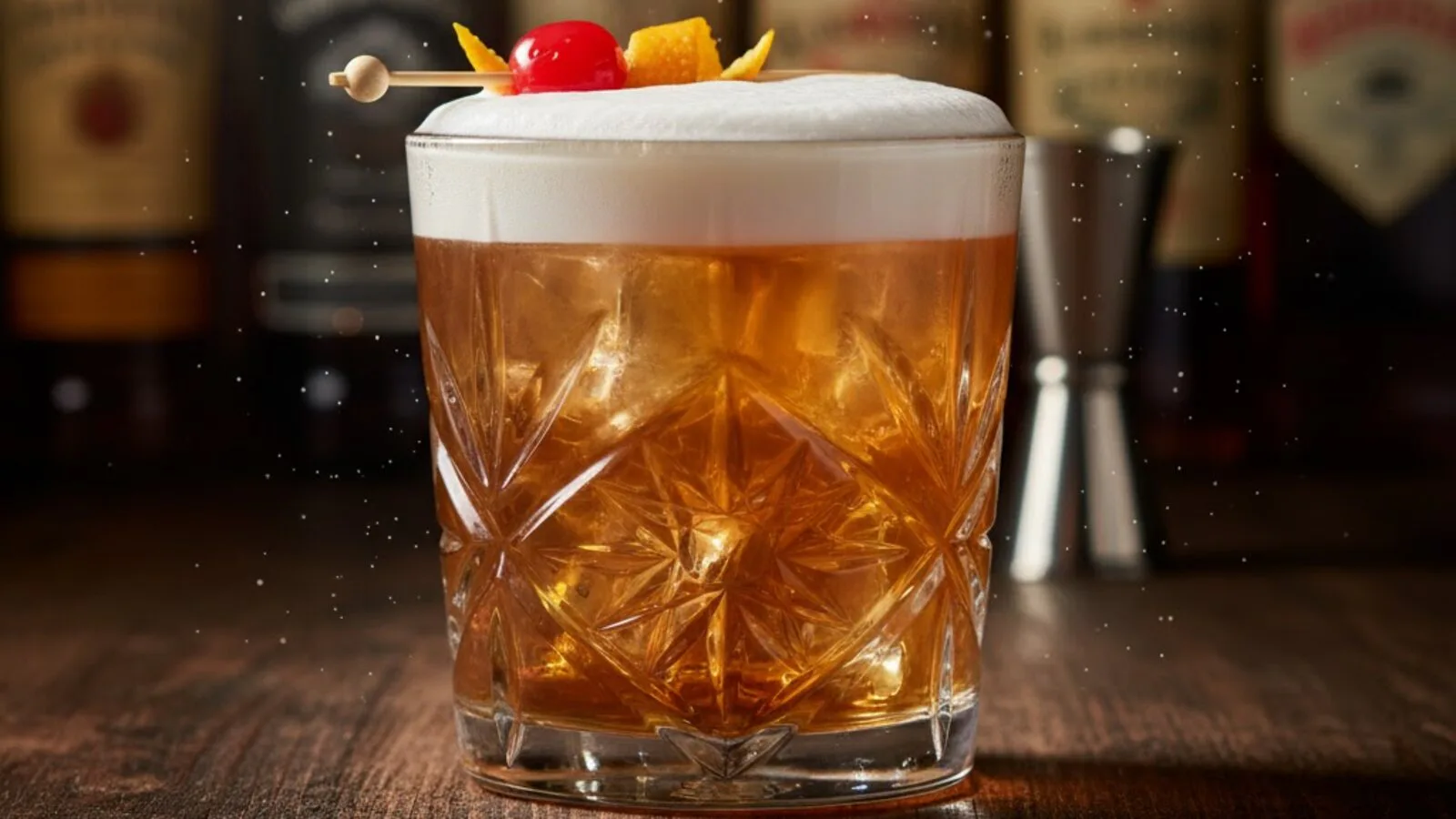 Whisky Sour de bourbon y limón con una espuma fina y uniforme