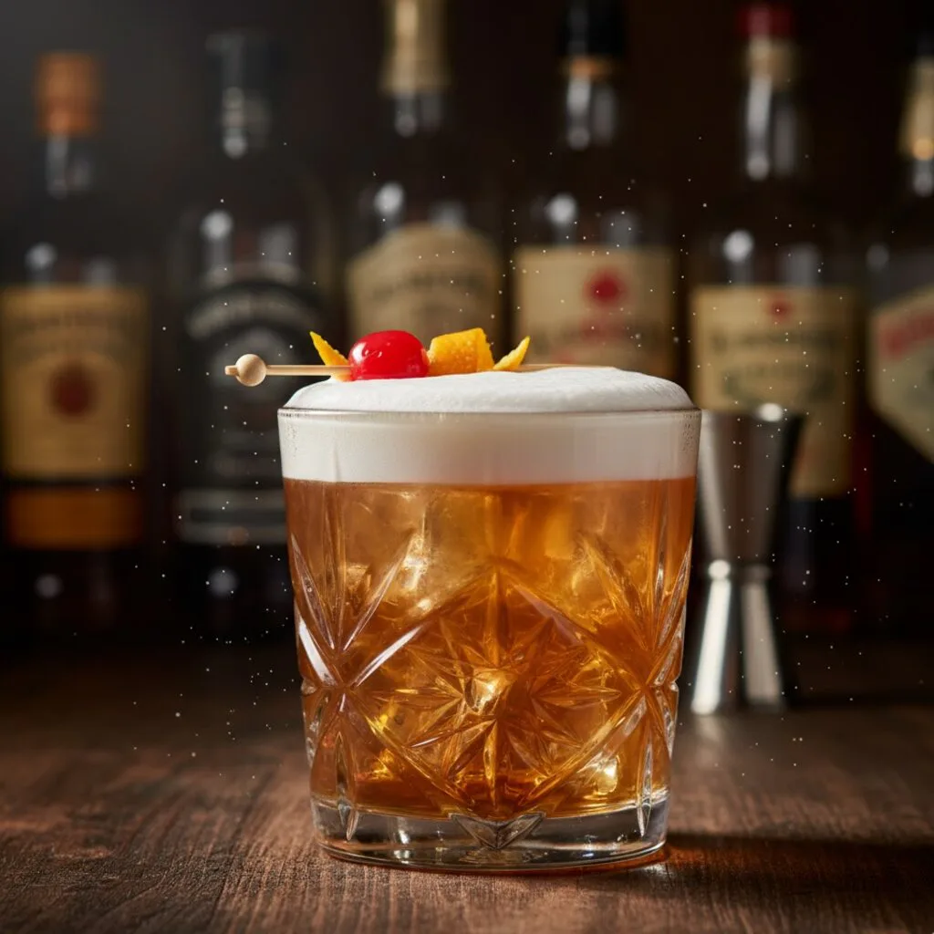 Whisky Sour terminado sobre hielo con espuma fina, naranja y una cereza