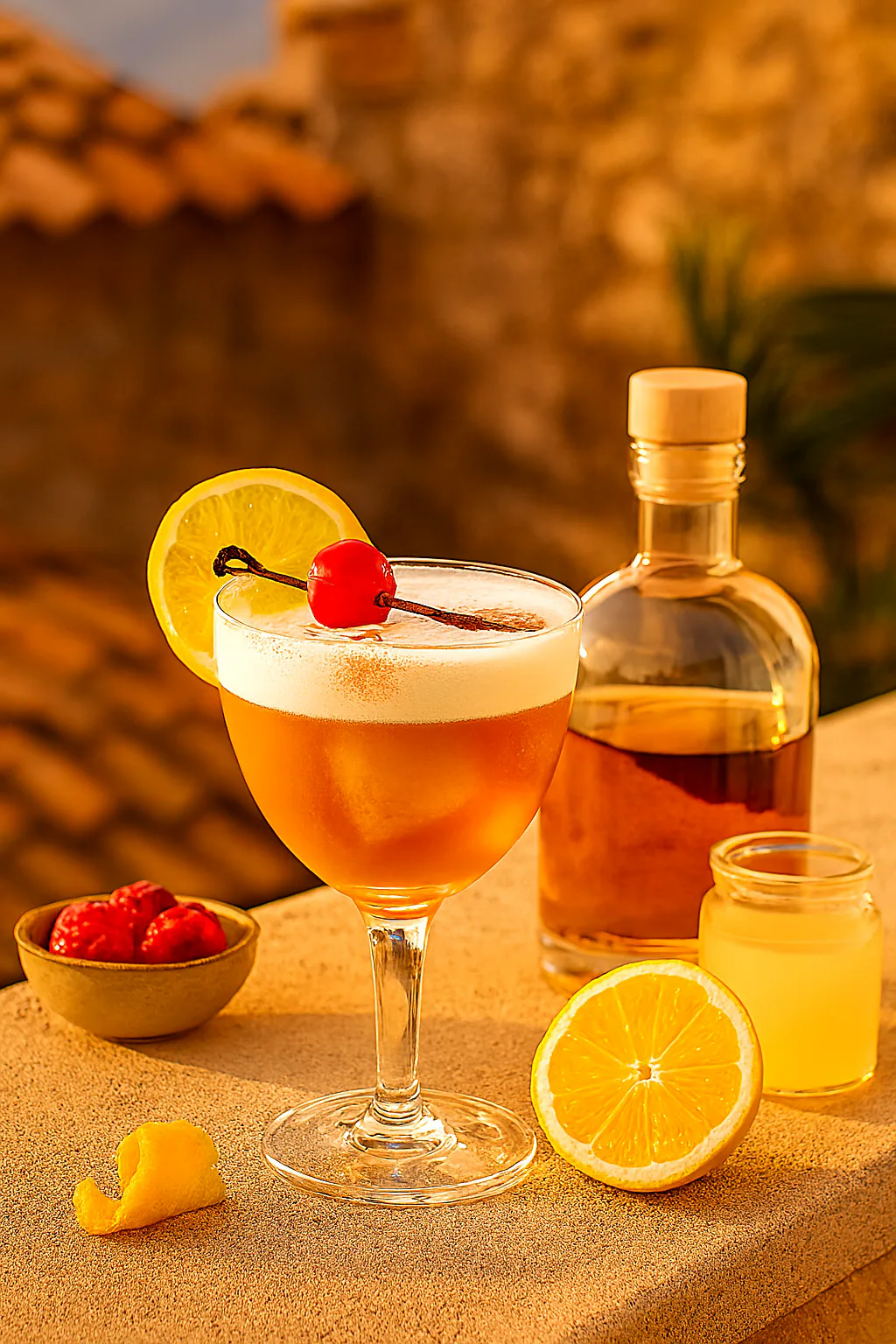 Bourbon, limón, sirope, clara pasteurizada, hielo, naranja y cereza para un Whisky Sour