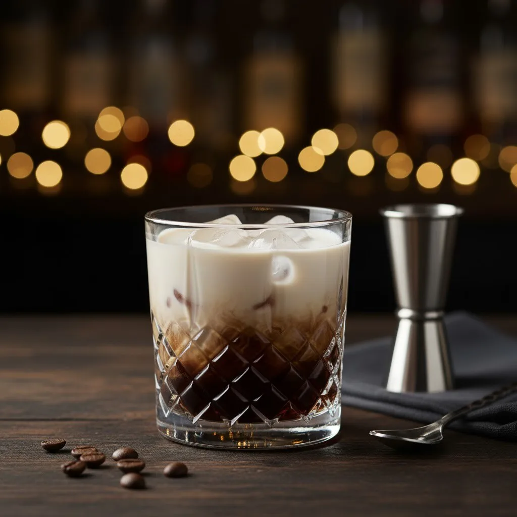 White Russian terminado en vaso bajo con capas de café y nata