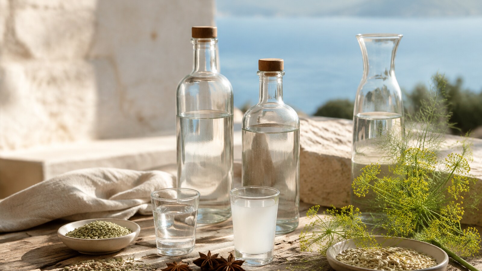 Espirituosas anisadas transparentes y lechosas junto a anís, hinojo y agua