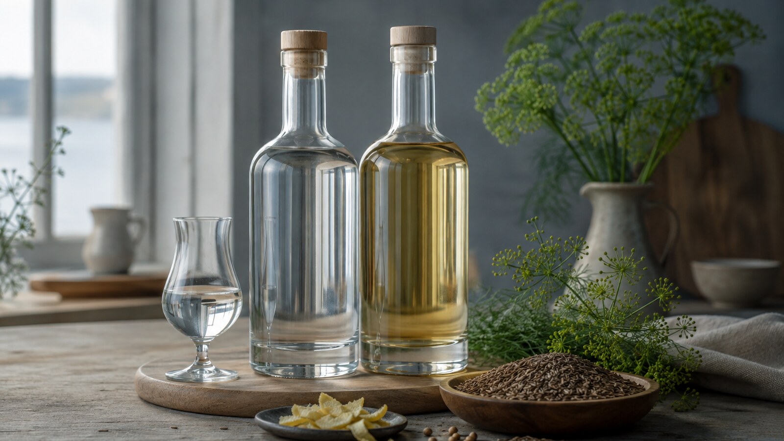 Aquavit claro y dorado junto a alcaravea, eneldo y una copa de cata